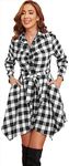 FANCYINN Womens Long Sleeve Checker Plaid Shirt Dress Pleated Front Chest Irregular Hem Buttons Up Casual Autum Flannel Dress Black & White XL