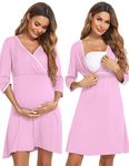 Sykooria Women's Breastfeeding Dress Cotton Soft Nursing Nightdress 3/4 Length Sleeves Maternity Nightdress Labour Nightgown for Hospital and Home(Pink,XXL)