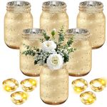 Layhit 6 Pcs Painted Mason Jars Colored Painted Mason Jars Decorative Mason Jars Centerpiece for Table Glass Decorative Jar with 6 Pcs 9.84 ft 30 LED Battery Operated Fairy Lights for Wedding (Gold)