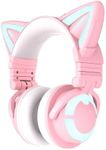 YOWU RGB Cat Ear Headphone 3S Wireless 5.0 Foldable Gaming Headset with Built-in Microphone & Adjustable Lighting and Effect via App, Type-C Charging Audio Cable for PC Laptop Mac Smartphone (Pink)