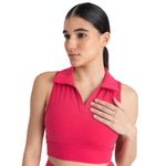 HUNNIT 2 in 1 Sports Bra Crop Top for Women, Pink| Polo Neck Racerback Sports Bra| Medium Coverage| Lightly Padded Slip On Bra| Stretchable Sports Bra for Gym Workout| Sweat Wicking Fabric-XL