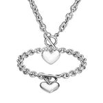 WinTrend Heart Pendant Bracelet & Necklace for Women 316L Stainless Steel Silver Chain Necklace with Toggle Clasp (Bracelet of 8", Necklace of 18"), Metal, No Gemstone