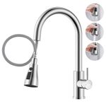 DAYONE Kitchen Mixer Tap with Pull Out Spray, SUS304 Stainless Steel Sink Taps Mixer with 3 Functions for Kitchen, 360° Swivel Single Handle High Arc Kitchen Faucet, Brushed Steel