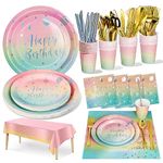 Nkaiso Party Tableware 161Pcs Rainbow Happy Birthday Theme Kids Birthday Decoration Party Accessories Set Includes Paper Plates Napkins Cups Knive Fork Spoon-20 Guests