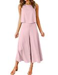 ROYLAMP Women's Summer Two Piece Outfits Round neck Crop Basic Top Cropped Wide Leg pants Set Jumpsuits Pink Purple L