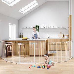 COMOMY 150" Extra Wide Baby Gate with Door, Dog Gates for The House Doorways Fireplace, Auto Close Baby Fence Play Area, Walk Through Pet Gate, Hardware Mounted Baby Gate, 6-Panels (30" Tall, White)
