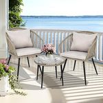 YITAHOME 3-Piece Wicker Small Patio Balcony Chair Set, Outdoor Rattan Conversation Apartment Chairs for Backyard, Balcony and Apartment with Soft Cushions, Glass Side Table Gray