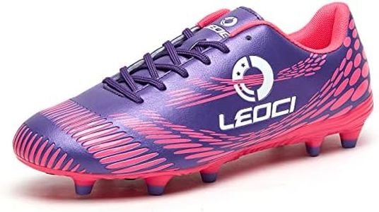 LEOCI Men's Women's Firm Ground Soccer Cleats Outdoor/Indoor Boys Girls Professional Futsal Football Training Sneakers, Purple, 9.5 Women/9 Men