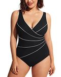DELIMIRA Women's One-Piece Swimsuits V-Neck Swimming Costume Tummy Control Swimwear Black 18