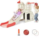 BABY JOY Toddler Large Slide, 6 in 1 Slide for Kids with Basketball Hoop, Ring Toss, 2 in 1 Convertible Climbing Way, Freestanding Kids Slide Climber Set for Indoors Outdoor Boys Girls Gifts Present