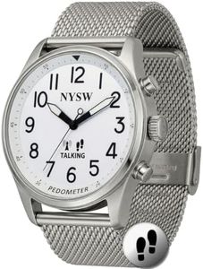 NYSW Men’s Atomic Time Sync Analog Pedometer Watch, Walking Step Counter, Calories & Miles, American Voice Announces Time/Date & Steps, No Bluetooth No EMF, Large Display, Stainless Steel Band SL-WT