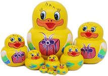 Winterworm Set of 10 Big-Belly Yellow Duck Bringing Gifts Pattern Nesting Dolls Handmade Wooden Matryoshka Crafts Russian Doll for Kids Toy Children Christmas Birthday Gift Home Decoration