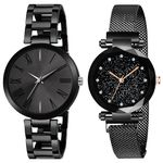 FROZIL Analog Black Dial Stainless Steel Magnetic Belt Watch Combo for Womens and Girls Pack of 2