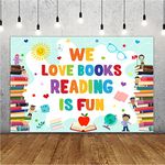 Lofaris World Book Day Backdrop We Love Books Reading is Fun Children Reading Photography Background Students Classroom Library Kids Elementary Decorations Photo Banner Booth Props 5x3ft