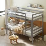 Giantex Bunk Bed Twin Over Twin, Solid Wood Bunk Bed with Sturdy Ladder & 12 Inch Safety Guard Rails, Twin Size Wood Bed Frame for Dormitory, No Box Spring Needed, Bunk Beds for Kids Teens,Grey