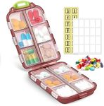 Travel Pill Organizer, 12 Compartments Portable Pill Case with Weekly Stickers, Moisture Proof Pill Box Vitamin Medicine Container for Daily Pills, Supplements, Vitamins and Medication (Coffee)