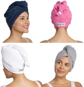 Turbie Twist 4-Pack Microfiber Hair Towel for Beauty, Travel, Gifting - Hair Wrap Turban for Straight, Wavy & Curly Hair - Premium Hair Care - Pink, Blue, Grey & White