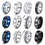 LOLIAS 12 Pcs Silver Black Mens Rings Stainless Steel Matte Finish Polished Band Rings Set Chain Rings Celtic Rings Bottle Opener Rings Wedding Engagement Promise Ring Spinner Rings for Men