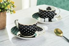 GOLDEN QUEEN'S Bone China Floral Cups & Saucer Set For Coffee/Tea/Hot Drinks - Of 12 Pcs (Black White Polka Dots165 Ml)