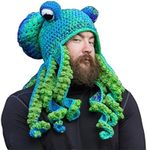 Knitted winter hat,Pot Belly Octopus Squid Hat,Hat-Novelty Hat,Octopus Head Hat, Animal Hat - Octopus Costume Hat, Blue&green, Medium