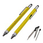 2PCS PACK 6 in 1 Multifunction Tool pen - Includes 1 Ballpoint Pen, Universal Stylus tip, Ruler, 2 kinds Screwdrivers, Gradienter - Multifunction Writing Instruments (Light yellow)
