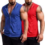 COOFANDY Mens Workout Tank Tops Zip Up Sleeveless Muscle T Shirts Bodybuilding Tank Top for Men with Hood Blue and Red Large