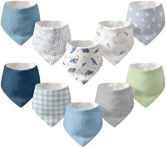 CIVARUA KIDS 10-Pack Muslin Baby Bandana Bibs | Super Absorbent Cotton Drool Bibs, Nickel-Free Snaps, Teething & Registry Gift for Newborn Boys Girls 0-36 Months A Blue Dinosaur