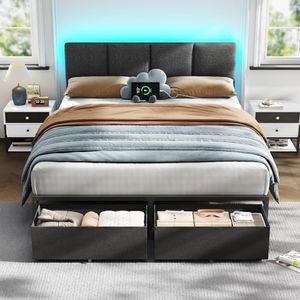 Furnulem Queen Bed Frame with Headboard, Upholstered Bed Frame Queen Size with 2 Storage Drawers, Platform Bedframe with Charging Station and LED Lights, No Spring Box Needed, Noise Free