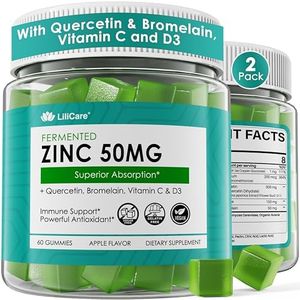 Zinc Gummies 50mg + Quercetin & Bromelain, Vitamin C & D3, Copper, Selenium, Fermented Zinc Supplements for Women & Men for Max Strength Immune Defense, Powerful Antioxidant, Vegan, Sugar Free, 2 Pack