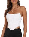 Women's Vintage Strapless Open Back Boned Mesh Bustier Zip Back Corset Bodyshaper Crop Top, White, 12-14