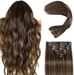 Clip in Hair Extensions Real Human Hair, Remy Human Hair Clip in Extensions Double Weft Seamless Clip ins Hair Extension for Women Balayage Natural Black Mixed Chestnut Brown 16 Inch 2.8oz/80g