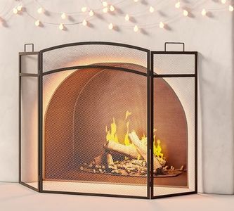 CALIDOLA 3 Panel Fireplace Screen 48"" W x 29"" H Modern Foldable with Wrought Metal Decorative Mesh,Arch Heavy Duty Fire Spark Guard Cover for Home Decor Indoor, Black, C6600