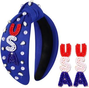 YAHPERN 4th of July Headbands for Women American Flag Headband Patriotic Red Blue White Beaded USA Headband Jeweled Crystal Pearl Knotted Headband 4th of July Hair Accessories Gifts (Blue)