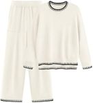 PRETTYGARDEN Women's 2 Piece Knit Sweater Outfit Casual Long Sleeve Pullover Wide Leg Pants Tracksuit Loungewear Set (Beige White,Large)