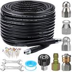 Sewer Jetter Kit for Pressure Washer 100FT, Newest 5800PSI Drain Cleaner Hose 1/4 Inch NPT Corner, Rotating and Button Nose Sewer Jetting Nozzle Pearl Corsage Pin Waterproof Tape with 2 Spanner