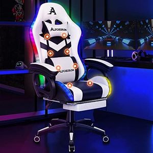 ALFORDSON Gaming Office Chair with 12 RGB LED Lights & 8 Point Massager, PU Leather Racing Computer Chair with Lumbar Support Footrest High Back, Ergonomic Executive Desk Chair for Office Gamer White