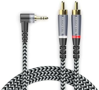 BlueRigger 3.5mm Aux to 2RCA Audio Cable (15FT, 90D Stereo Splitter Y 2RCA Male, Braided, 1/8" RightAngled TRS to RCA, Hi-Fi Sound, Metal Shell) - for Phones, Amplifiers, Tablets, Home Theater, HDTV