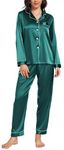 Vlazom Pyjamas for Women, Soft Satin Long Sleeve Pjs Set Two Piece Silk Pyjamas Classic Button Down Sleepwear Loungewear for All Seasons Dark Green,L