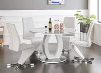 Furniturebox UK Giovani Modern Stylish Grey/White High Gloss And Glass Large Round Dining Table And 4/6 Luxury Premium Willow Chairs Set (Dining Table + White Willow Chairs, 4 Chairs)