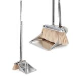 Broom and Dustpan Set for Home, VOOWO Stainless Steel Broom and Dustpan Set with Long Handle, Heavy Duty Dustpan Broom Set Upright Standing Dust Pan Kitchen Brooms for Sweeping Indoor Outdoor