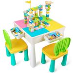 Kids Table and Chairs Set with 100PCS Blocks, Toddler Table All-in-One Multi Activity Playset with Building Blocks Kids Toys for Learning & Playing, Water & Sand Game