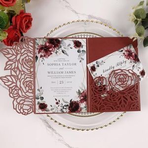 Maffily 50pcs Tri Fold Wedding invitations Rose Hollow Laser Cut 5x7 '' Wedding Invitation Cards with Envelopes and RSVP Cards for Wedding Engagement Bridal Shower Quinceanera Party Invite Burgundy