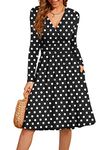 WEACZZY Fall Dresses for Women Casual Long Sleeve Dress Wrap V-Neck Party Dress with Pockets, Black Polka Dots, Medium