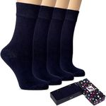 Hugh Ugoli Women's Rayon Thin Crew Socks for Dress Business & Trouser, Seamless Toe, 4 Pairs in Gift Box, Navy Blue, Shoe Size: 5-8