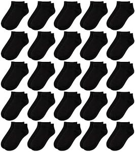 BOOPH 25Pack Kids Low Cut Ankle Socks Boys Girls Half Cushion Athletic Sock 6-8 Years Black