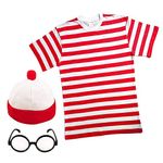 Paper Umbrella MENS LADIES RED & WHITE STRIPED TSHIRT HAT & GLASSES Fancy Dress 34-36" Chest (Men: Small)