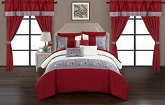 Chic Home 20 Piece Comforter Set Color Block Floral Embroidered Bag Bedding, Red, Queen