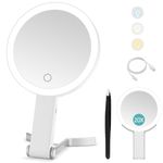 Travel Mirror with Light,Double-sided 20x/1x Magnifying Makeup Vanity Mirror,Rechargeable Adjustable Brightness 3 Colour Lighting,Folding,Handheld/Hangable/Tabletop,3 ways Using Mirror,White