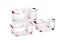 Konquer TimeS Large Plastic Multipurpose Stackable Storage Box with Lid, Handles, & Wheels, Transparent (Combo of 3, Rectangular)