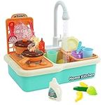 Pretend Wash-up Kitchen Sink Play Set Includes Cutting Toys,Kitchenware, Dishwasher with Running Water Cycle System, Pretend Role Play Kitchen Toys for Boys Girls (Green)